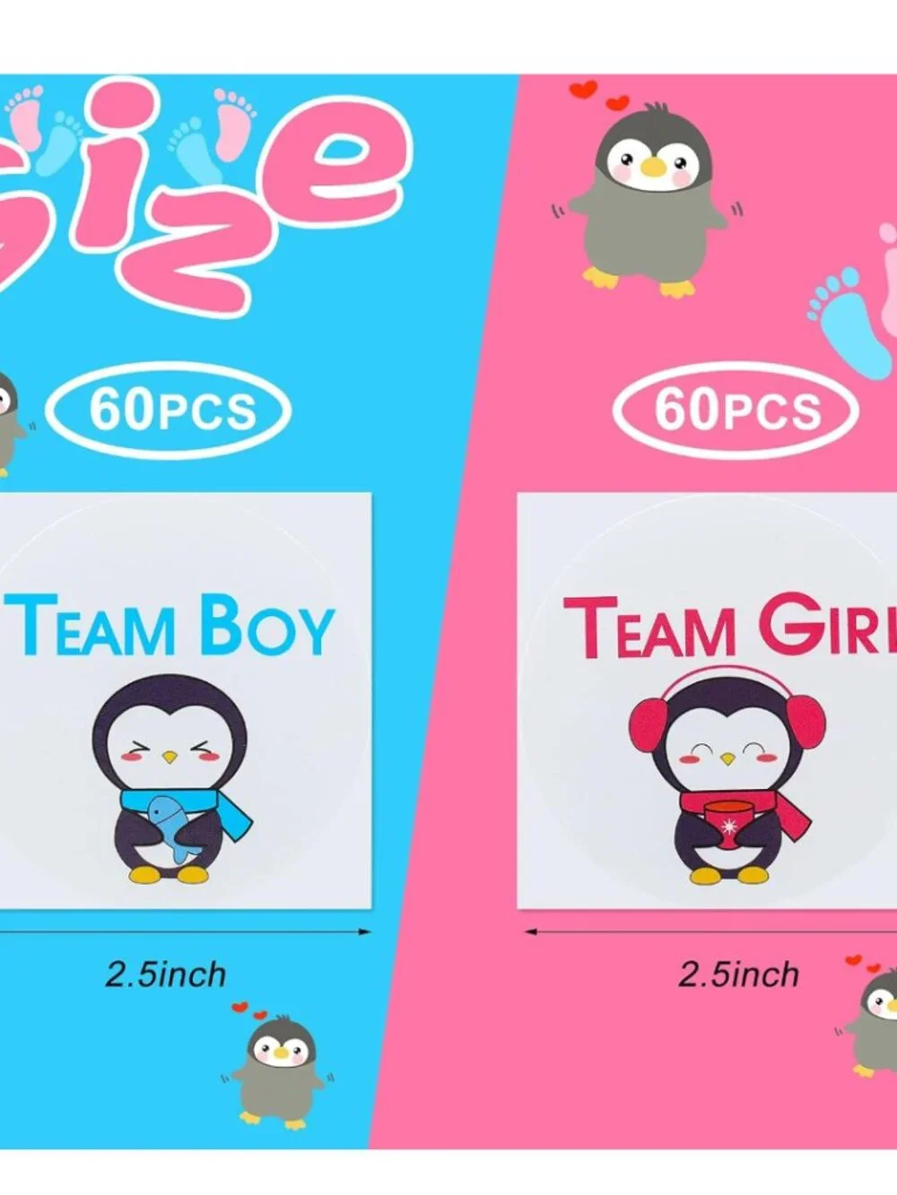 60 Pieces Gender Reveal Penguin Stickers Team Boy or Team Girl